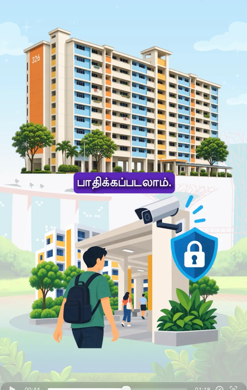 News frame: HDB block 326 above a resident walking past a CCTV camera and a security shield