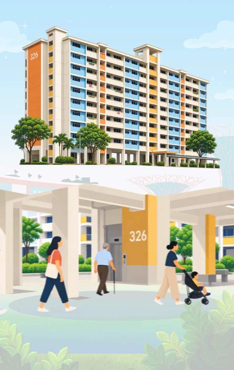 News frame: HDB block 326 above residents walking through the void deck