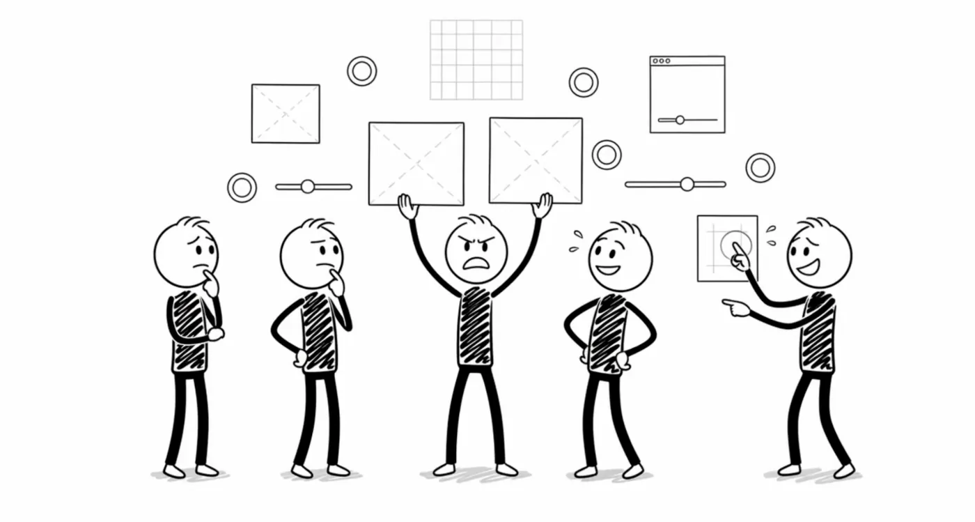 Embark Daily frame: hand-drawn stick figures debating around interface wireframes