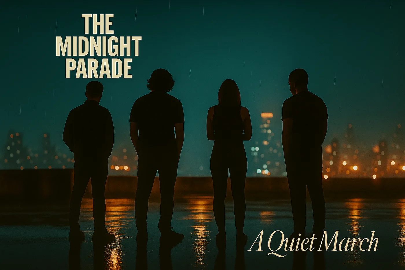 The Midnight Parade artwork: four silhouettes on a rain-soaked rooftop at night